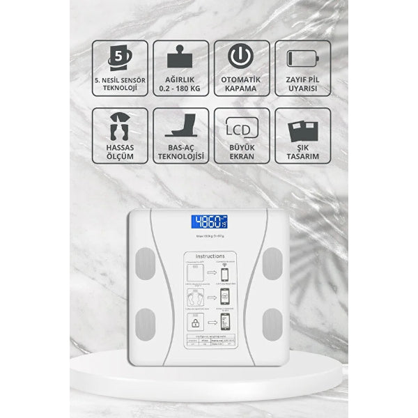 Beyaz Renk Bluetooth Özellikli Akıllı Tartı