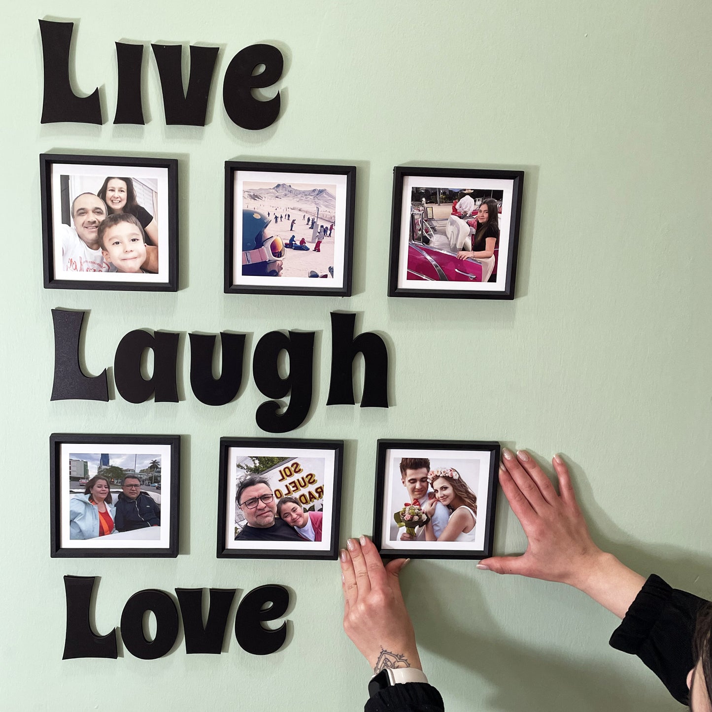 6 adet 14x14cm Siyah Çerçeve ve -Live Laugh Love- Yazısı