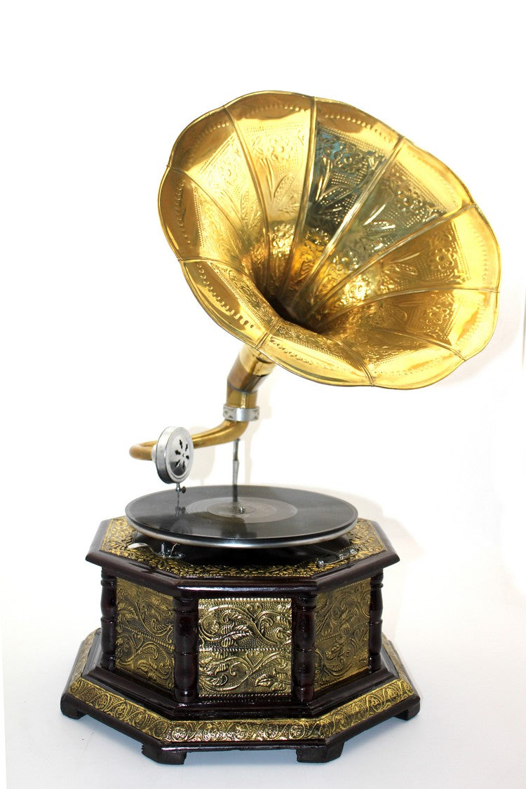 Ahşap Sekizgen Gramofon Taş Plak Çalar Metal Kaplamalı