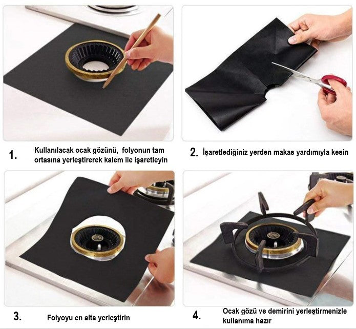 Siyah Renk Ocak Koruyucu Folyo Yanmaz Yapışmaz 4'lü Set
