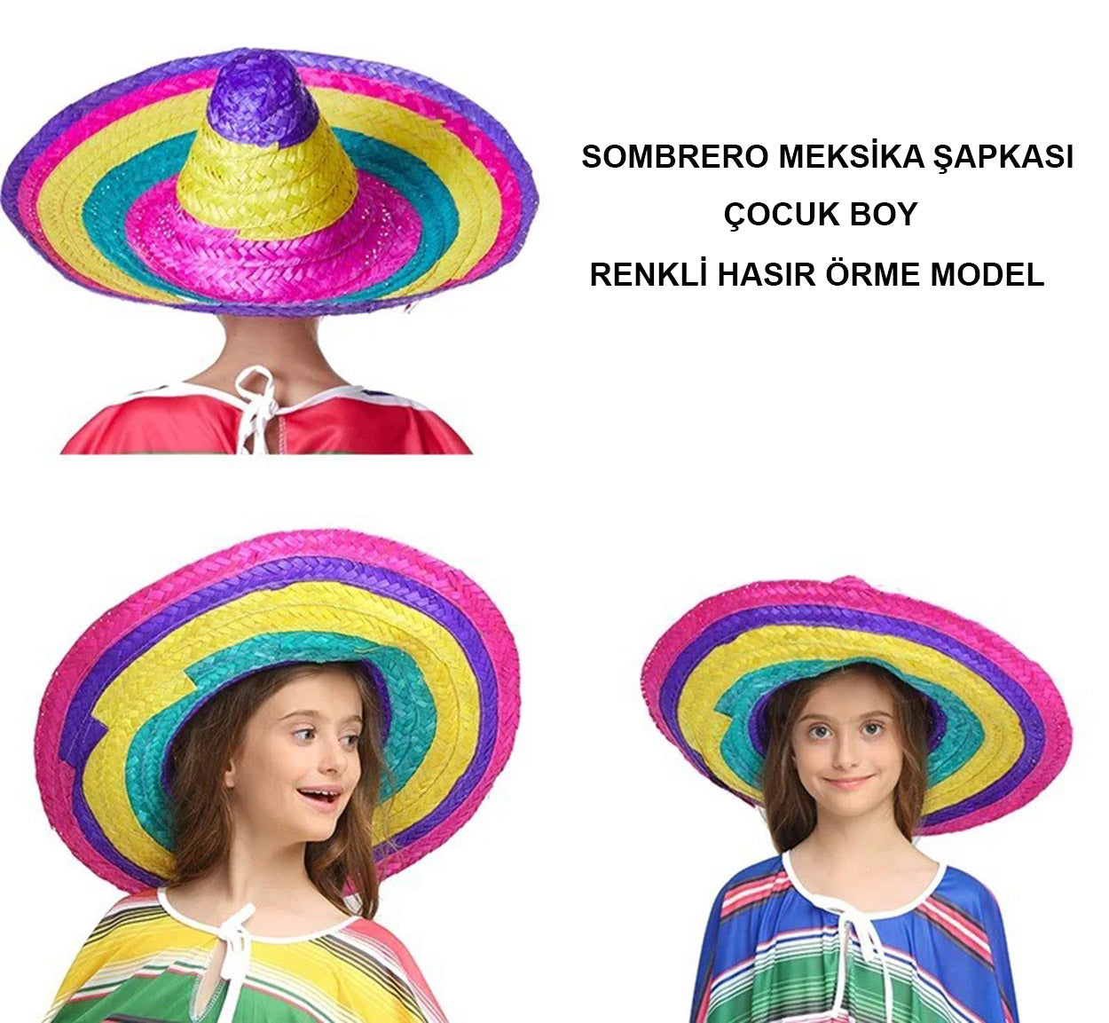 Sombrero Meksika Şapkası Renkli Örme Hasır Çocuk Boy