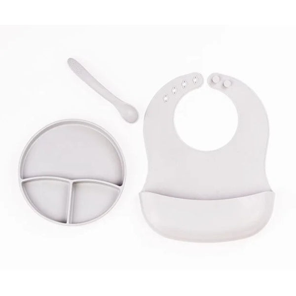 Gri 3’lü Silikon Yemek Seti – Önlük + Diş Kaşıyıcılı Kaşık + Vakumlu Tabak