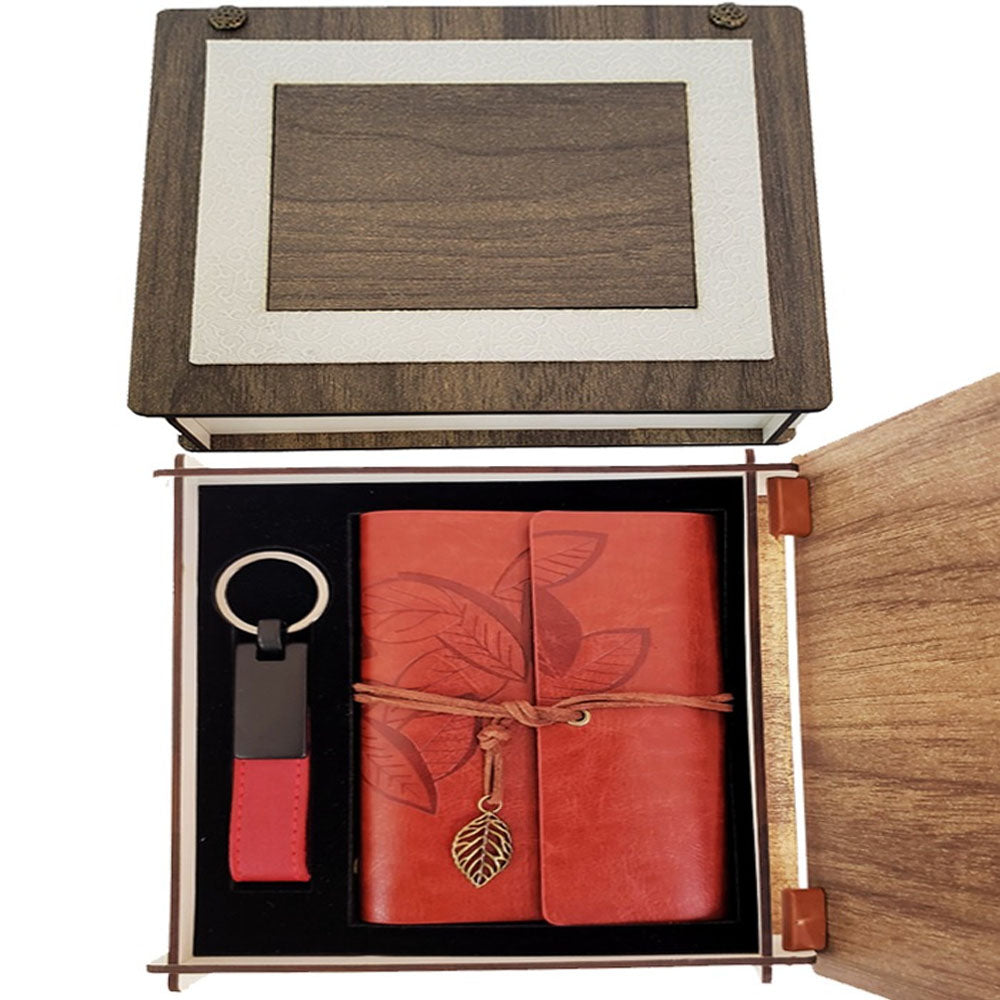 Özel Ahşap Kutulu Kiremit Rengi Deri Defter ve Anahtarlık Set