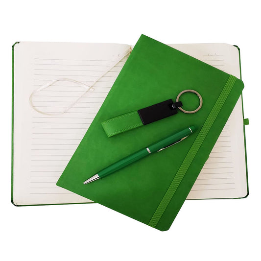 Yeşil Termo Deri Defter, Kalem ve Anahtarlık Seti