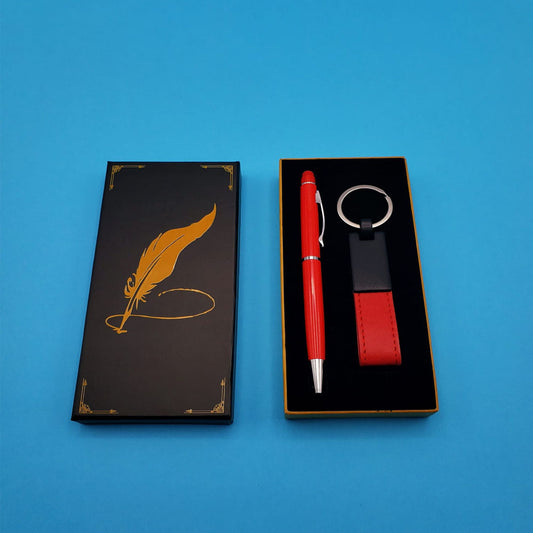 Kutulu Kırmızı Deri Anahtarlık ve Touchpen Tükenmez Kalem Hediye Seti