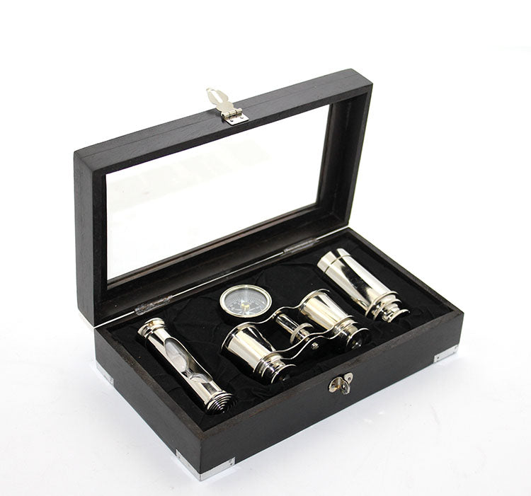 Ahşap Kutulu Pirinç Dürbün Pusula Ve Kum Saati Seti