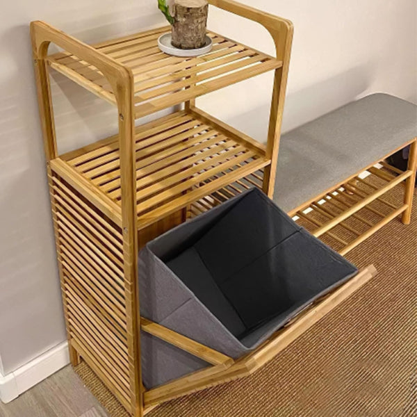 2 Organizer Raflı Ahşap Bambu Çek-Aç Kirli Sepeti