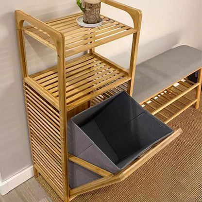 2 Organizer Raflı Ahşap Bambu Çek-Aç Kirli Sepeti