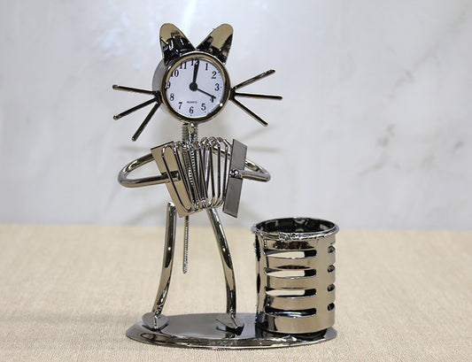 Metal Akordiyon Çalan Müzisyen Kedi Müzisyen Saat Ve Kalemlik
