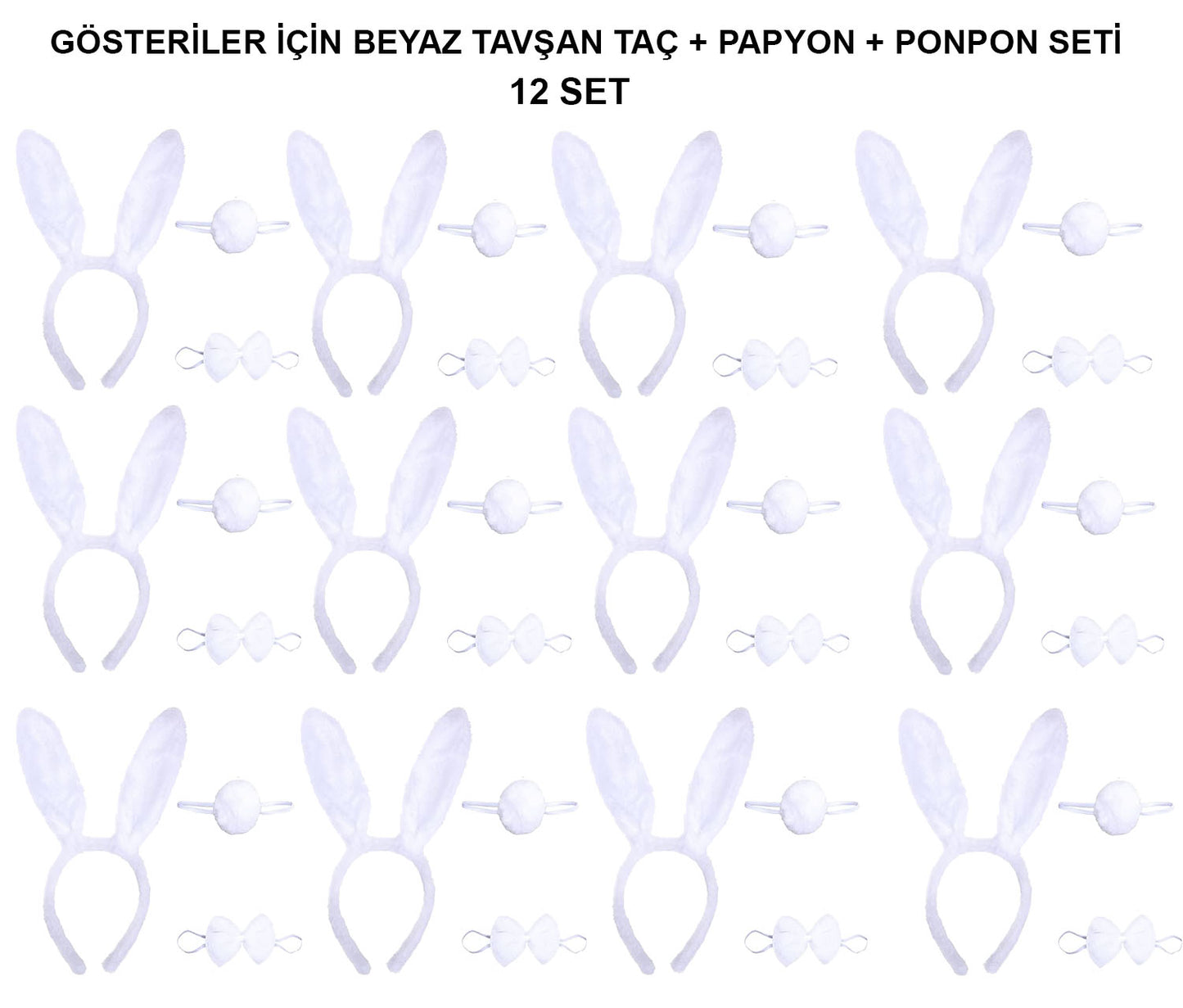 Beyaz Tavşan Kostüm Seti – Taç, Papyon, Kuyruk (12’li Paket)