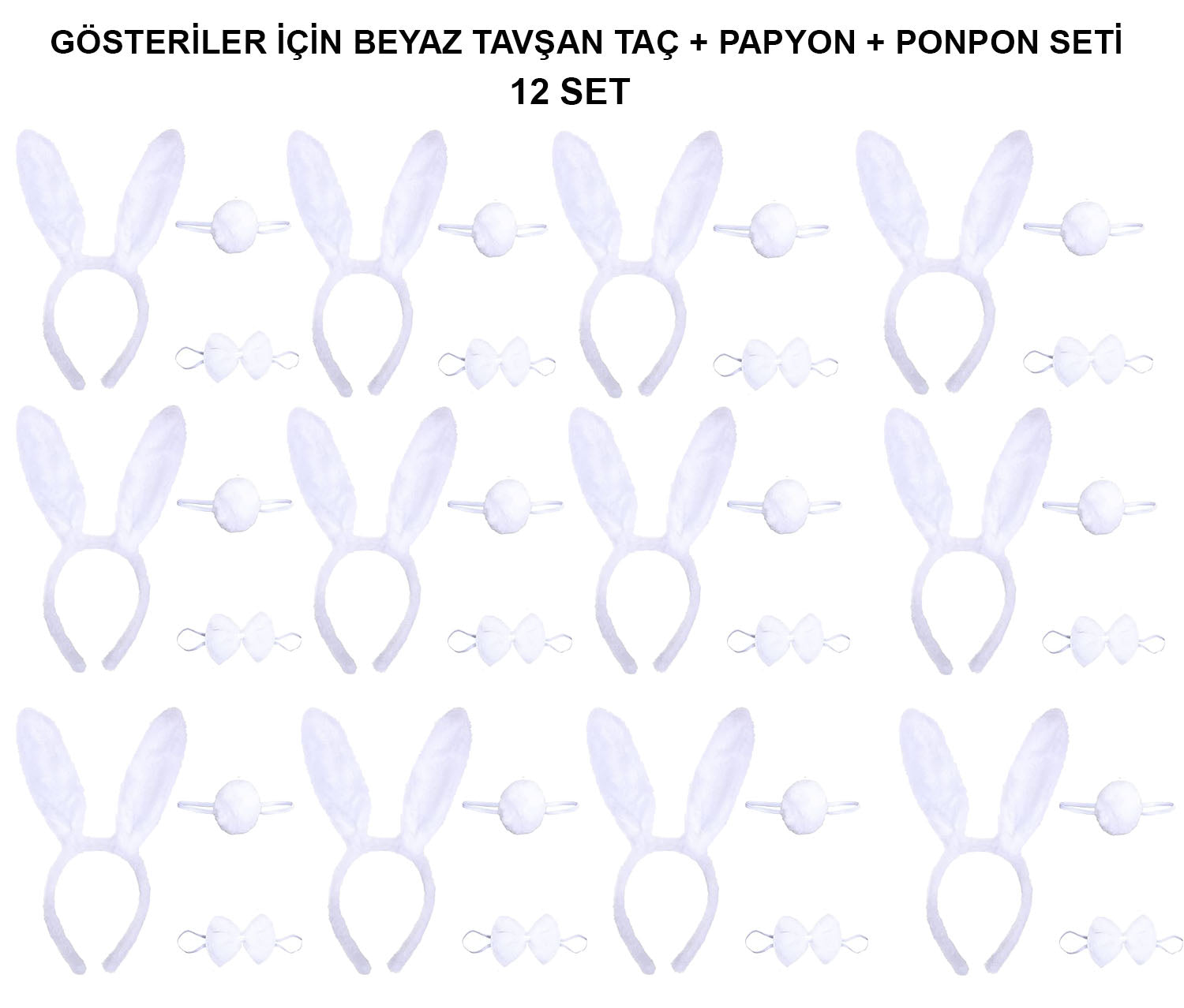 Beyaz Tavşan Kostüm Seti – Taç, Papyon, Kuyruk (12’li Paket)