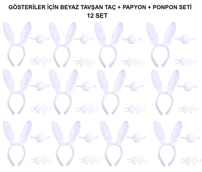 Beyaz Tavşan Kostüm Seti – Taç, Papyon, Kuyruk (12’li Paket)