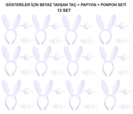 Beyaz Tavşan Kostüm Seti – Taç, Papyon, Kuyruk (12’li Paket)