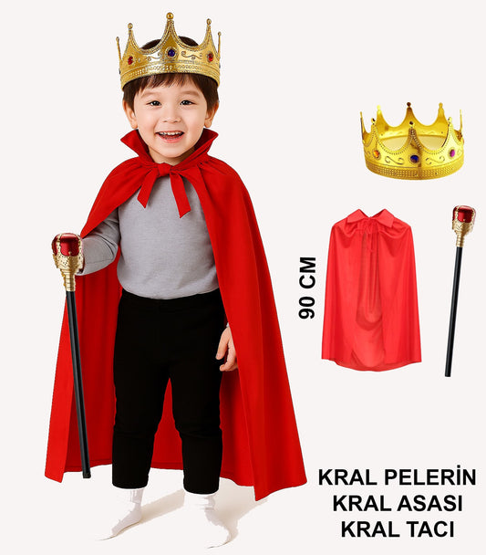 Çocuk Kral Kostüm Seti – Kırmızı Pelerin, Taç ve Asa (90 cm)