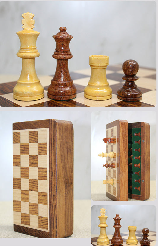 Özel Vernikli Mıknatıs Taşlı Ahşap Katlanabilir Kutulu Satranç Oyunu 12.5 Cm