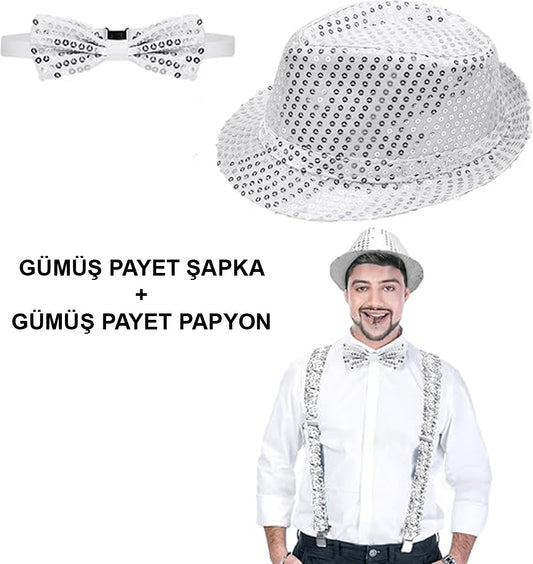 Gümüş Payetli Şapka ve Papyon Seti – Parıltılı Yetişkin Kostüm Seti