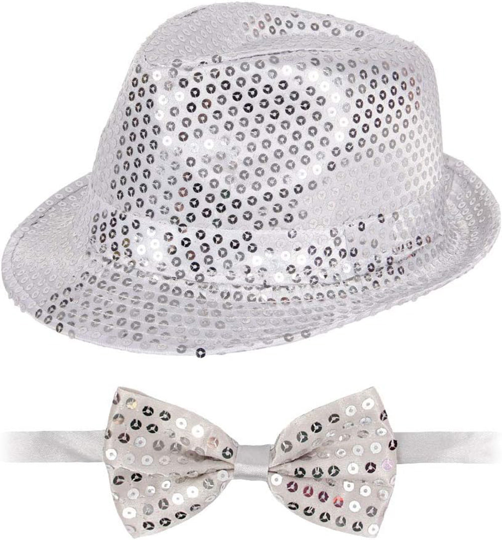 Gümüş Payetli Şapka ve Papyon Seti – Parıltılı Yetişkin Kostüm Seti