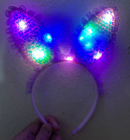 Mor Dantelli Pullu Işıklı Tavşan Kulak Taç