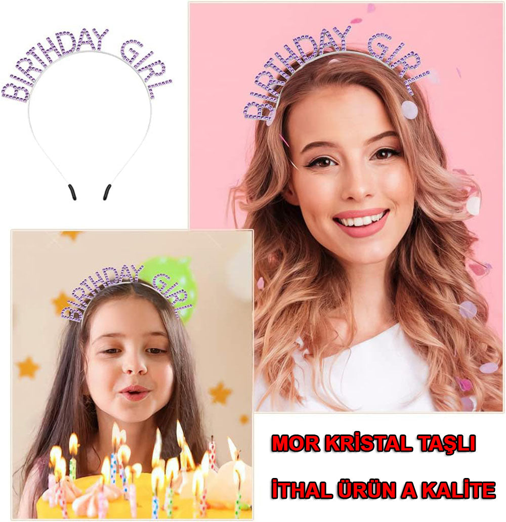 Mor Renk Kristal Taşlı Parlak Birthday Girl Yazılı Taç