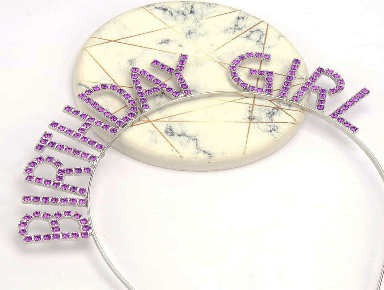 Mor Renk Kristal Taşlı Parlak Birthday Girl Yazılı Taç