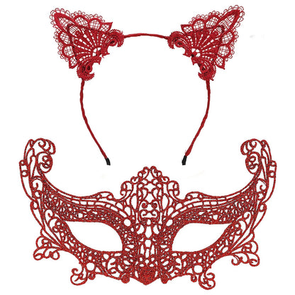 Romantik Kırmızı Dantel Maske Seti – Kedi Kulaklı Taç ve Maske No 3