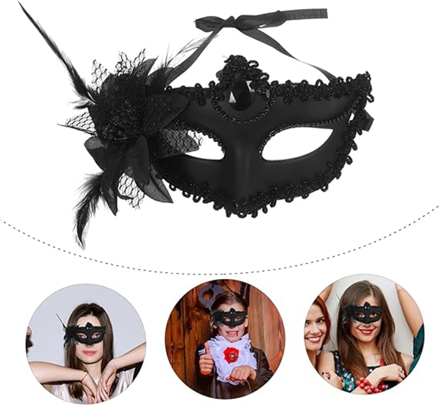 Siyah Mat Renk Yandan Tüylü Güllü Parti Balo Venedik Maskesi