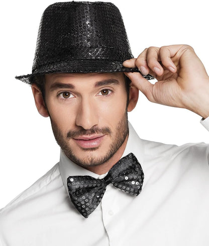 Siyah Payetli Şapka ve Papyon Seti – Parıltılı Yetişkin Kostüm Seti