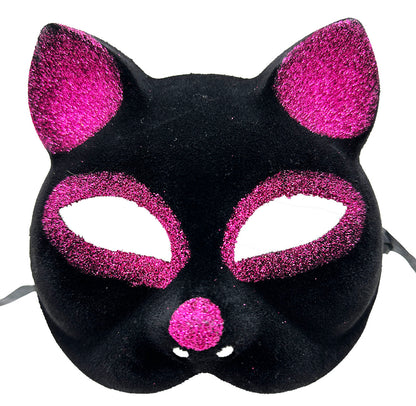 Siyah Fuşya Simli Süet Kedi Maskesi